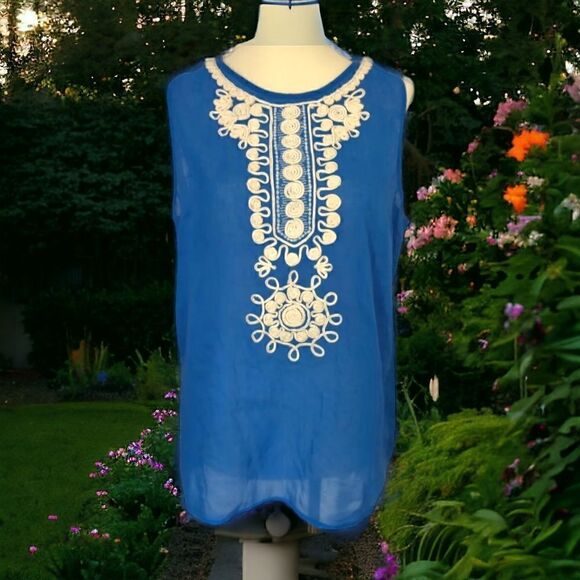 Banana Republic Top Sz 8 Gauzy Sheer Cotton Embroidery Sleeveless Zipper Blue. - Picture 14 of 16